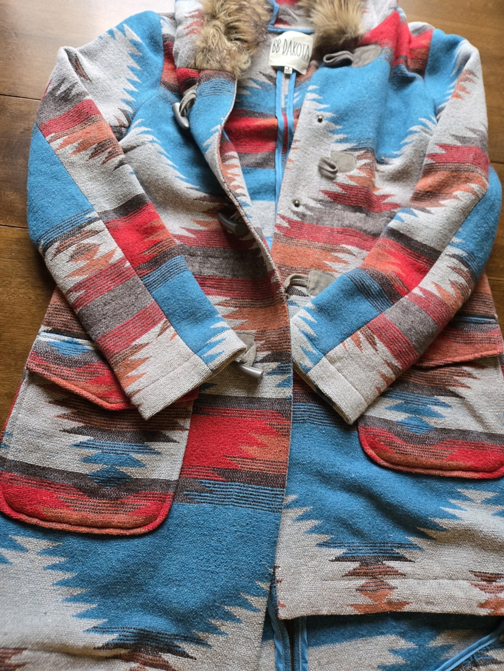 BB Dakota Southwestern Aztec Hooded Coat Faux Fur Trim Toggle Jacket Small